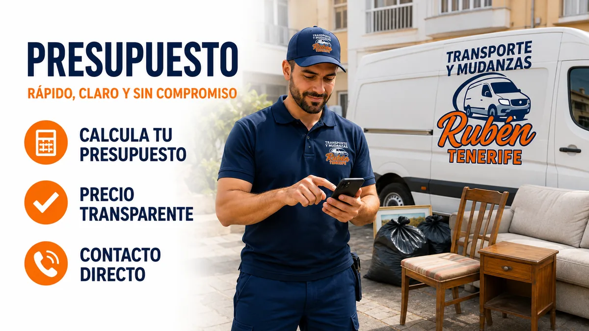 Trabajador de Rubén calculando presupuesto desde el móvil junto al furgón