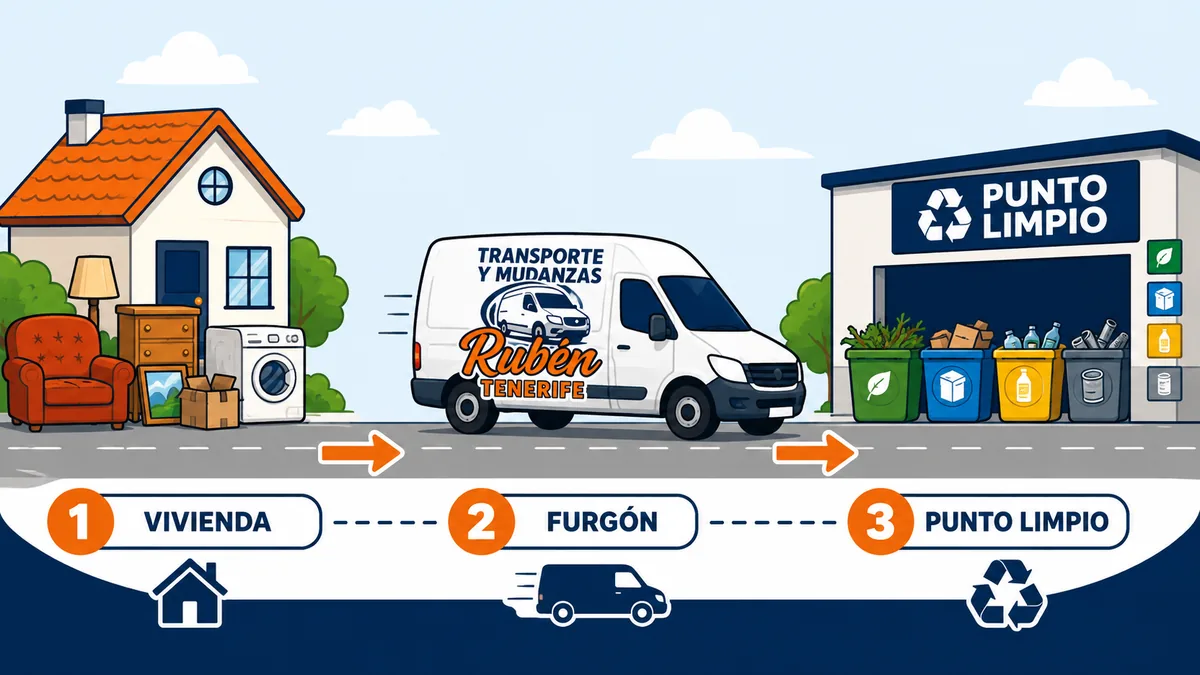 Infografía estilo dibujo mostrando vivienda, furgón y punto limpio