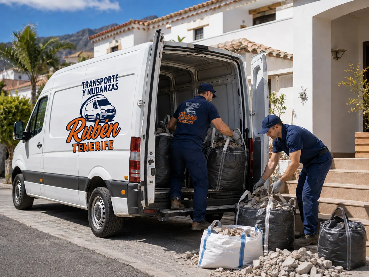 Operarios cargando sacos de escombros en el furgón de Transporte y Mudanzas Rubén Tenerife