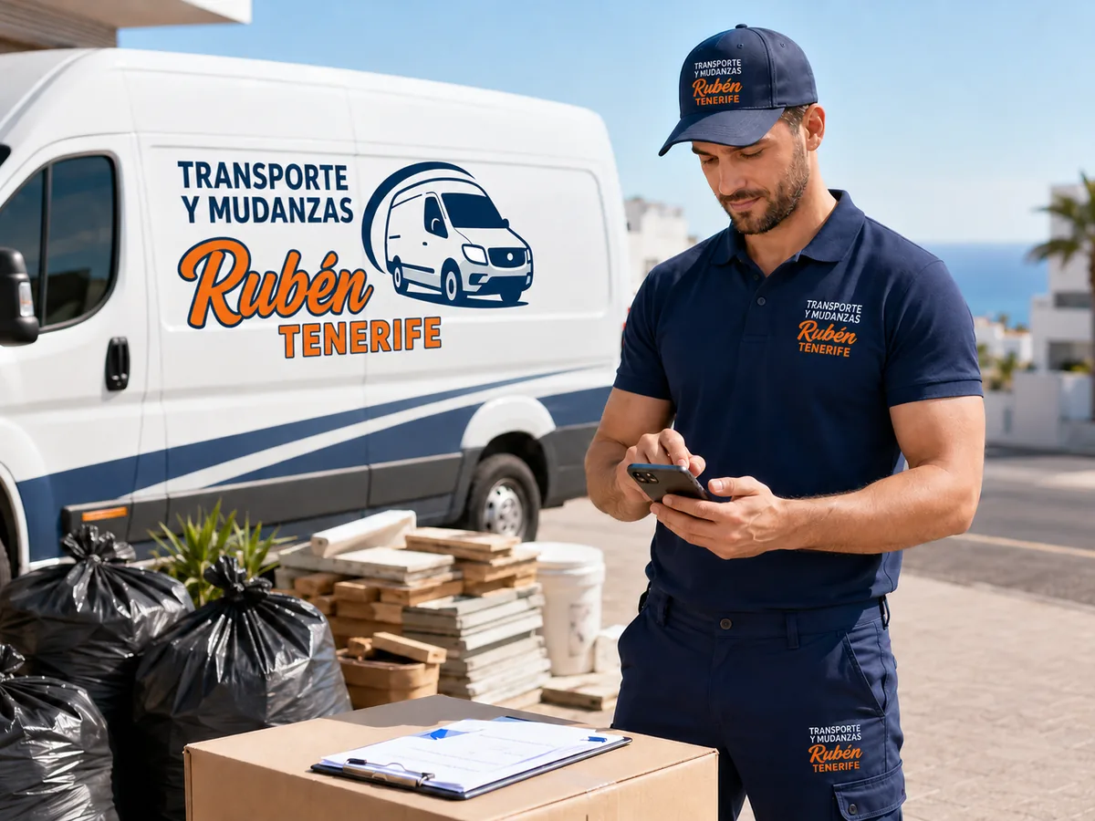 Rubén preparando un presupuesto de retirada de escombros en Tenerife