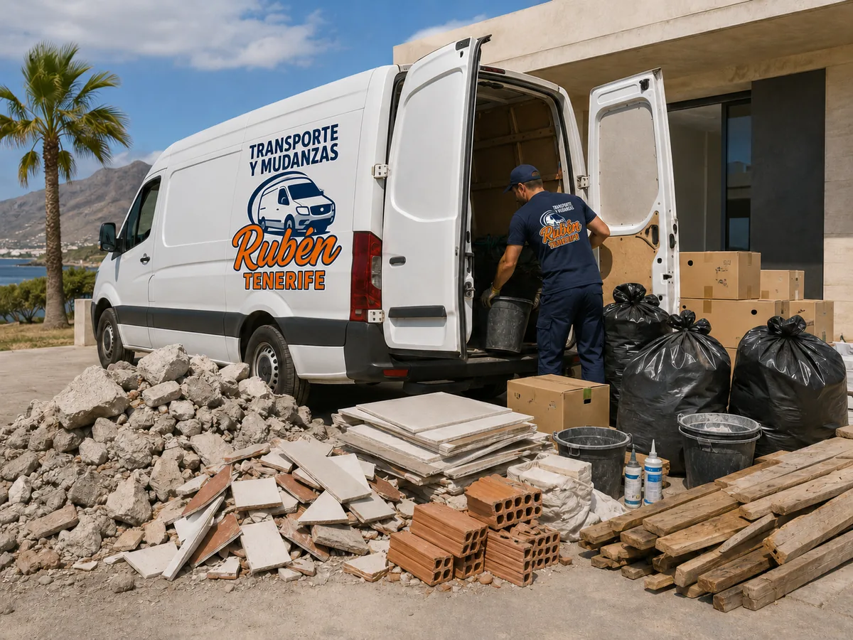Escombros y materiales de construcción junto al furgón de Rubén en Tenerife