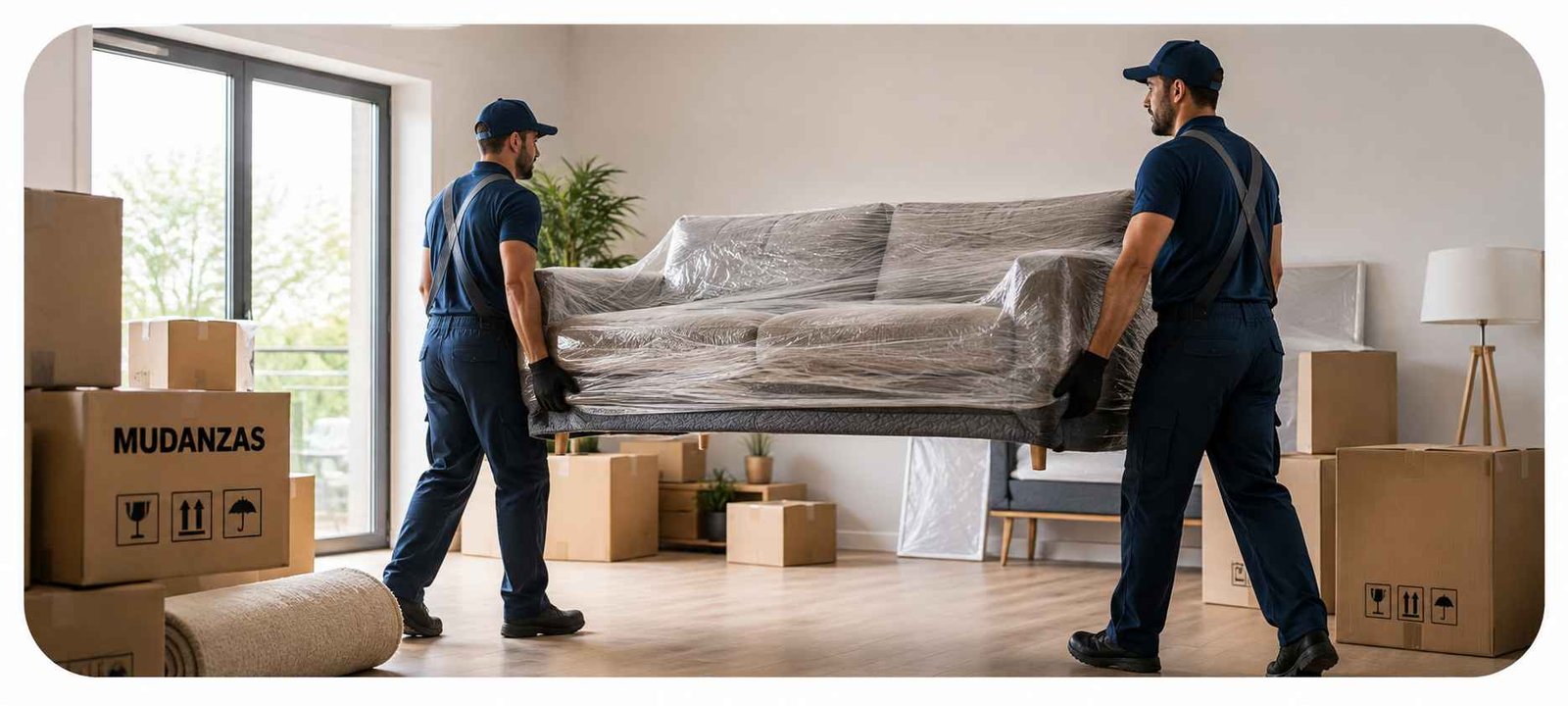 Dos profesionales transportando un sofá dentro de una vivienda